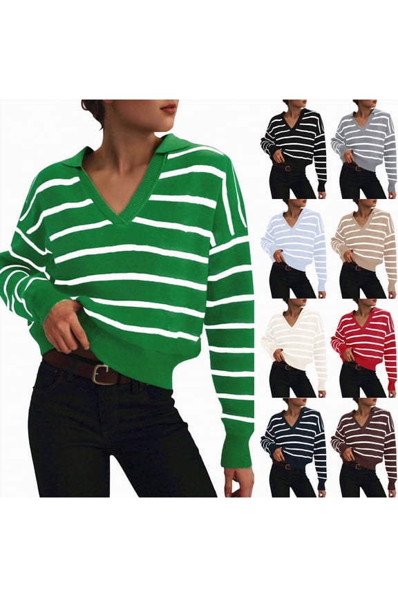Women Striped Sweater V Neck Sweaters Woman Cute Sweater Trendy Knit Long Sleeve Loose Pullover Sweaters (Navy, XL)