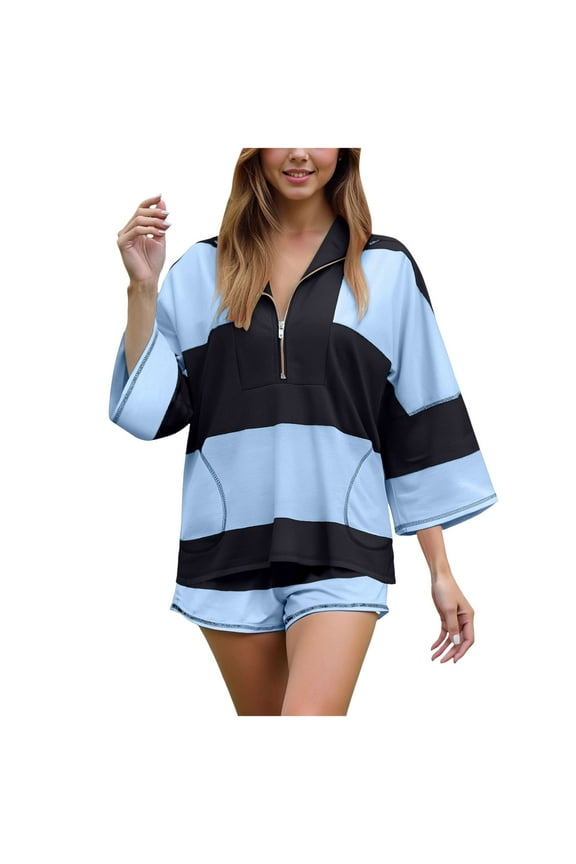 Women Striped Workout Set Two Piece Outfit Tracksuit Oversized Lounge Set Top and Shorts Sets with Pockets Dark Blue, M
