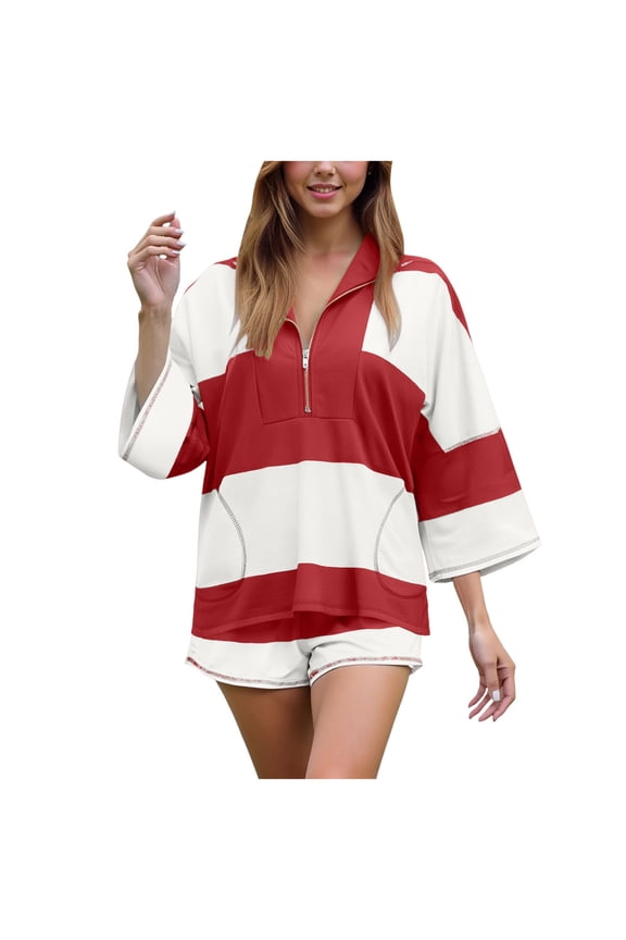 Women Striped Workout Set Two Piece Outfit Tracksuit Oversized Lounge Set Top and Shorts Sets with Pockets Red, M