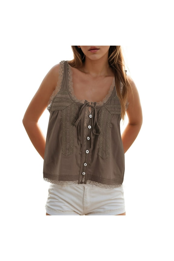 Women Summer Boho Lace Tie Front Tank Beach Vacation Top Button Down Sleeveless Cardigan Crop Y2k Tops Brown, M