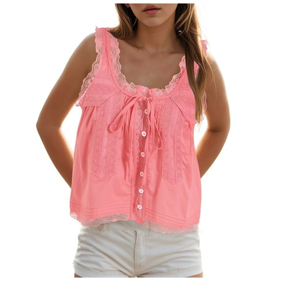 vigerkar Women Summer Boho Lace Tie Front Tank Beach Vacation Top Button Down Sleeveless Cardigan Crop Y2k Tops Pink, M