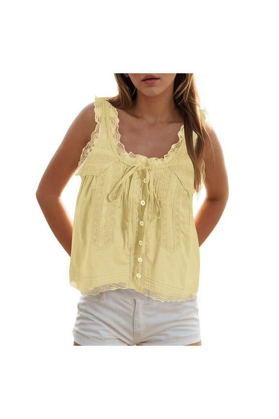 Women Summer Boho Lace Tie Front Tank Beach Vacation Top Button Down Sleeveless Cardigan Crop Y2k Tops Yellow, M