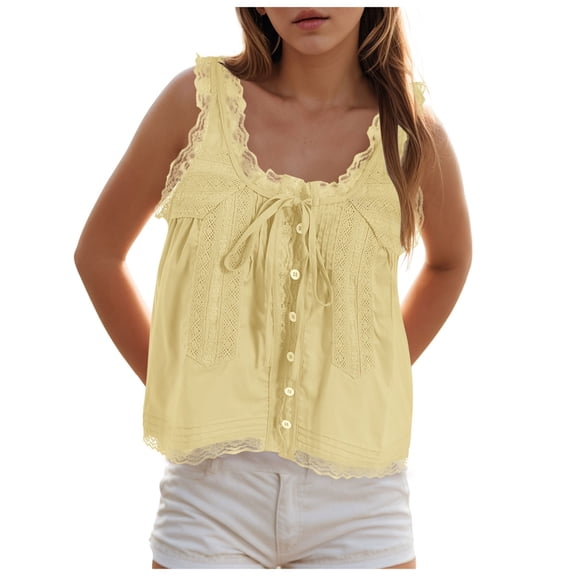 vigerkar Women Summer Boho Lace Tie Front Tank Beach Vacation Top Button Down Sleeveless Cardigan Crop Y2k Tops Yellow, S