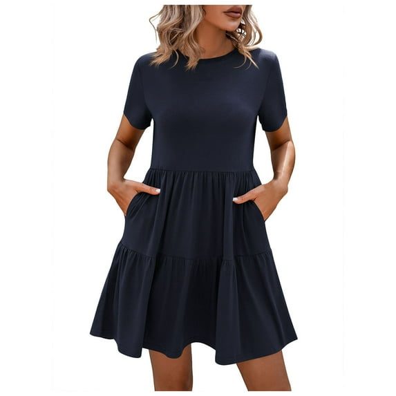 vigerkar Women Summer Casual Dress Short Sleeve Crewneck Swing Mini Tshirt Dresses 2025 Vacation Beach Short Sundress Navy, S