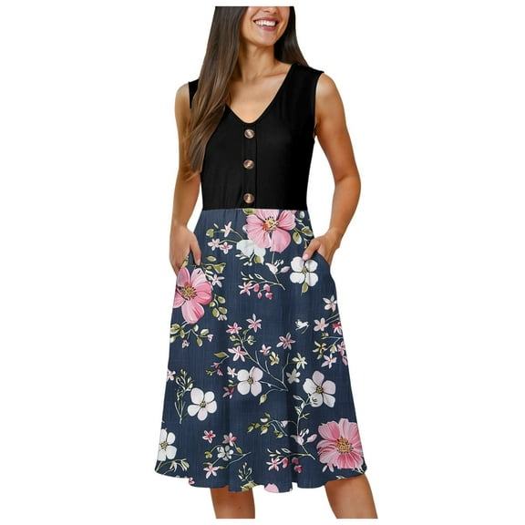 vigerkar Women Summer Dresses 2025 Beach Vacation Tank Dress Casual Loose Swing Button Down Sleeveless Midi Sundress with Pockets Navy, M