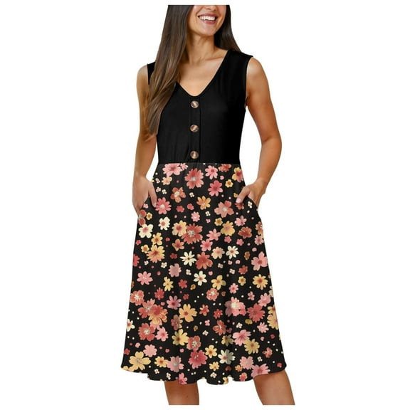 vigerkar Women Summer Dresses 2025 Beach Vacation Tank Dress Casual Loose Swing Button Down Sleeveless Midi Sundress with Pockets Orange, M