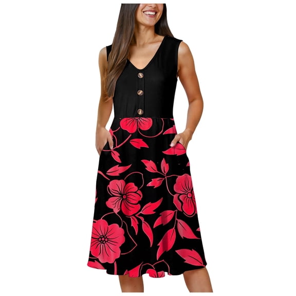 vigerkar Women Summer Dresses 2025 Beach Vacation Tank Dress Casual Loose Swing Button Down Sleeveless Midi Sundress with Pockets Red, M