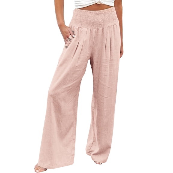 vigerkar Women Summer High Waisted Cotton Linen Palazzo Pants Wide Leg Long Lounge Pant Trousers with Pocket Pink, S