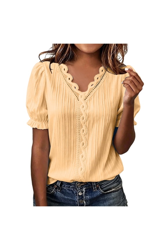 Women Summer Lace V Neck Plain Lace Elegant Shirt Fashion Solid Color Elegant Blouse Short Sleeve Size Scrub Tops (Gold, XXL)