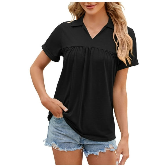 vigerkar Women Summer Tops Collared V Neck Polo Shirts Flowy Pleated Tunics Trendy Roll Short Sleeve Blouses Black, XL