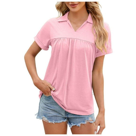 vigerkar Women Summer Tops Collared V Neck Polo Shirts Flowy Pleated Tunics Trendy Roll Short Sleeve Blouses Pink, L