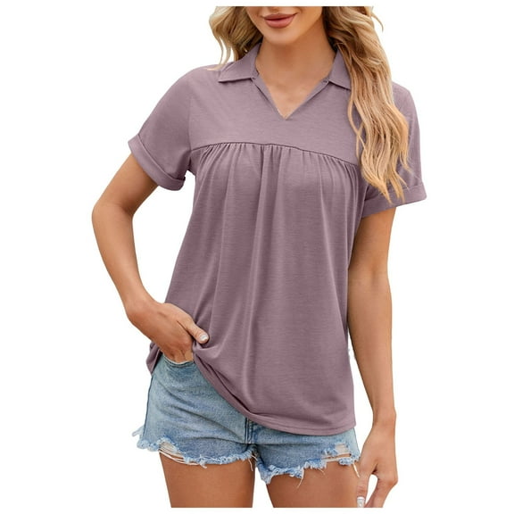 vigerkar Women Summer Tops Collared V Neck Polo Shirts Flowy Pleated Tunics Trendy Roll Short Sleeve Blouses Purple, XXL
