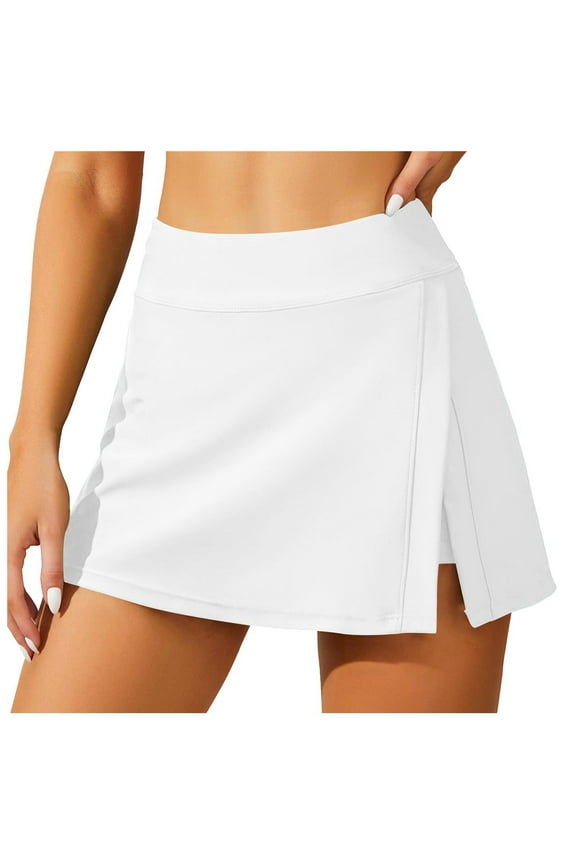 Women Swim Skirt Tummy Control Swimsuit Skirt with Built-in Shorts High Waisted Split Swim Bottom White, S