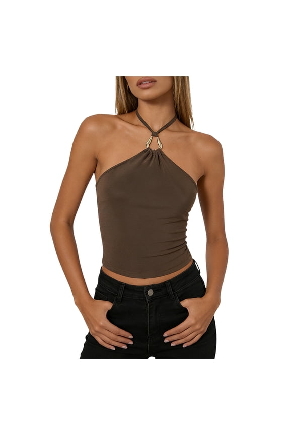 Women Tie Back Halter Tops Backless Sleeveless Turtleneck Tank Tie Back Going Out Casual Mock High Neck Cami Shirt (Coffee, M)