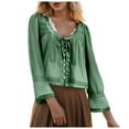 thumbnail image 1 of vigerkar Women Tie Front Long Sleeve Top Lace Trim Button Shirt Scoop Neck Loose Blouse Going Out Y2k Clothes Green, L, 1 of 7