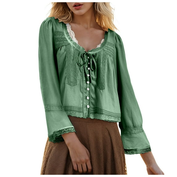 vigerkar Women Tie Front Long Sleeve Top Lace Trim Button Shirt Scoop Neck Loose Blouse Going Out Y2k Clothes Green, L