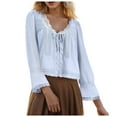 thumbnail image 1 of vigerkar Women Tie Front Long Sleeve Top Lace Trim Button Shirt Scoop Neck Loose Blouse Going Out Y2k Clothes Light Purple, L, 1 of 9