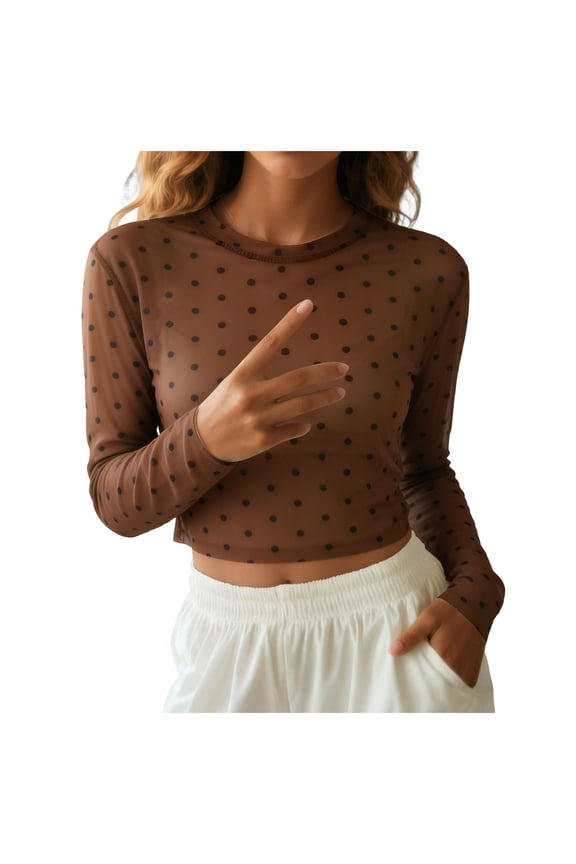 Women Trendy Crew Neck Polka Dot Sheer Mesh Blouse Sexy Slim Fit Long Sleeve See Through Crop Shirt Fall Clubwear (Brown, XS)