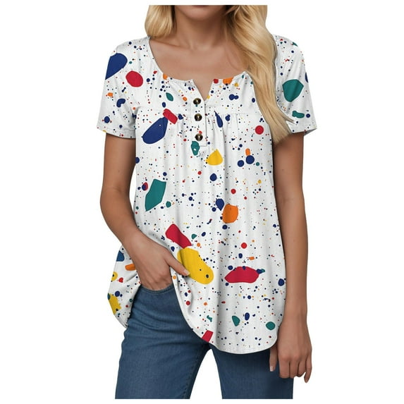 vigerkar Women Tunic Tops Dressy Casual Summer Short Sleeve Shirts Floral Loose Fit Pleated Boho Top Navy, L