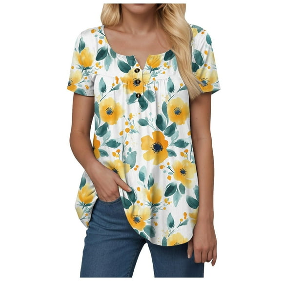 vigerkar Women Tunic Tops Dressy Casual Summer Short Sleeve Shirts Floral Loose Fit Pleated Boho Top Yellow, XL