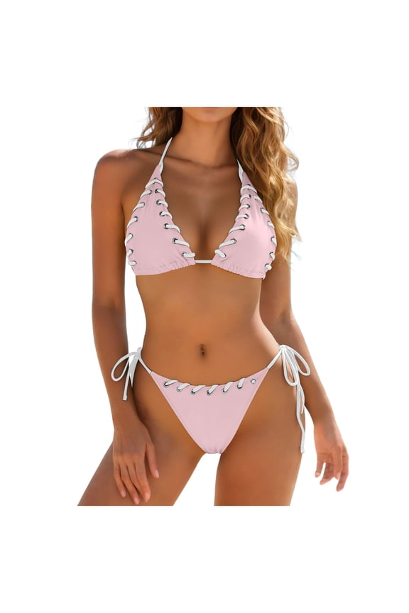 Women Two Piece Bikini Swimsuit Color Block Bathing Suits Halter Triangle String Bikini Sets (Pink, M)