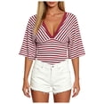 thumbnail image 1 of vigerkar Women Y2K Striped V Neck Cinched Waist Tops Batwing Sleeve Backless Shirt | Short Sleeve Ruched Crop Tops, Open Back Fitted Tee Shirt, Summer Going Out (Wine, L), 1 of 7