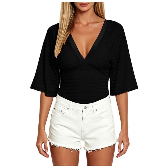 vigerkar Women Y2K Striped V Neck Cinched Waist Tops Batwing Sleeve Backless Shirt | Short Sleeve Ruched Crop Tops, Open Back Fitted Tee Shirt, Summer Going Out (Black, L)