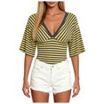 thumbnail image 1 of vigerkar Women Y2K Striped V Neck Cinched Waist Tops Batwing Sleeve Backless Shirt | Short Sleeve Ruched Crop Tops, Open Back Fitted Tee Shirt, Summer Going Out (Yellow, XL), 1 of 7