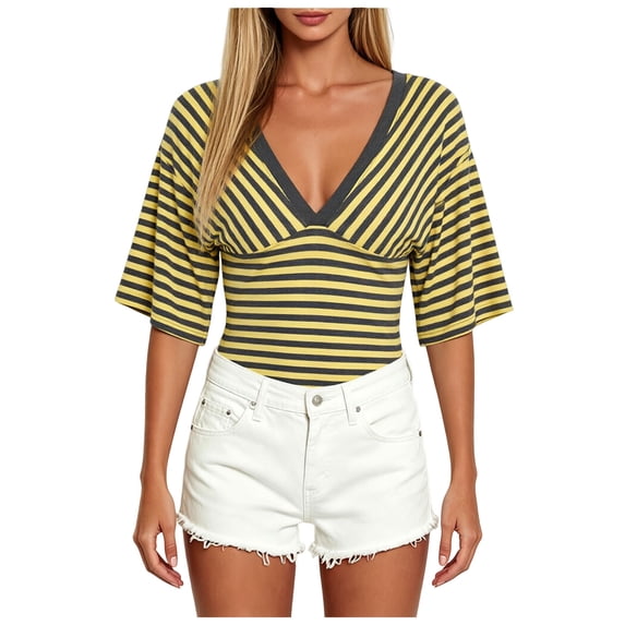vigerkar Women Y2K Striped V Neck Cinched Waist Tops Batwing Sleeve Backless Shirt | Short Sleeve Ruched Crop Tops, Open Back Fitted Tee Shirt, Summer Going Out (Yellow, XL)