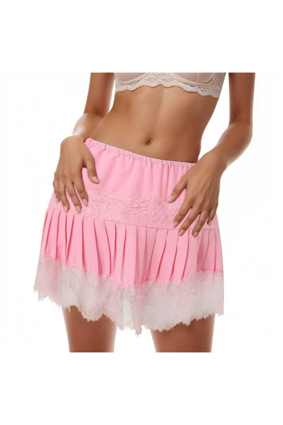 Women Y2k Lace Mini Skirt Low Rise Pleated Ruffle Half Slip Skirt Layered Flowy Short Skirt Streetwear Pink, XL