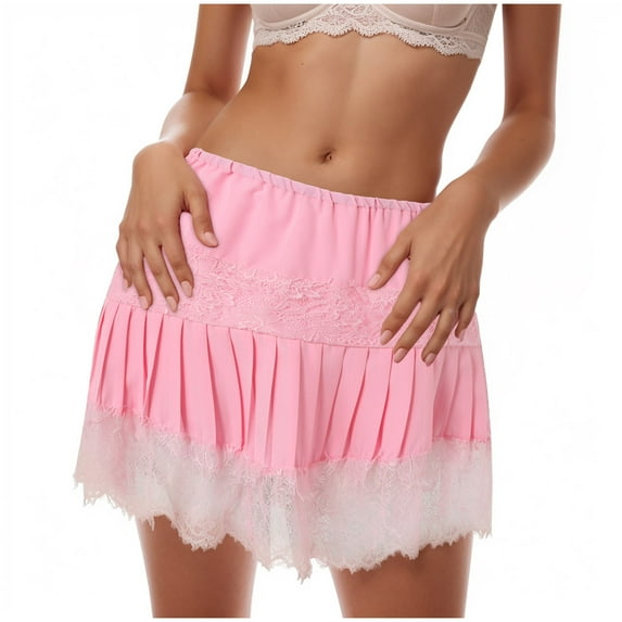 vigerkar Women Y2k Lace Mini Skirt Low Rise Pleated Ruffle Half Slip Skirt Layered Flowy Short Skirt Streetwear Pink, XL