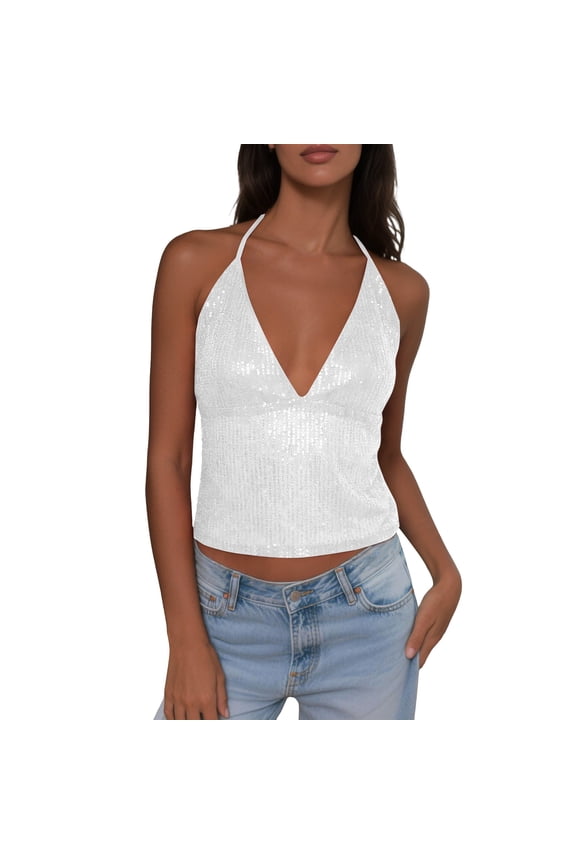 Women Y2k Sequin Halter Tops Spaghetti Strap Sparkly Crop Cami Top Sexy Backless Glitter Going Out Tank Tops (White, L)