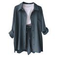 thumbnail image 1 of vigerkar Women's 2 Piece Lounge Tracksuit Outfit Sets Cotton Linen Long sleeve Shirt and Drawstring Casual Shorts Set Dark Blue, XL, 1 of 8