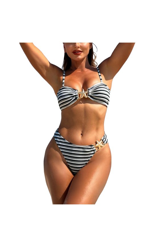 Women's 2 Piece Striped Bikini Set Metal Ring Tie Backless High Cut Swimsuit Vacation Outfit (Black, L)