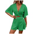 thumbnail image 1 of vigerkar Women's 2 Piece Summer Outfits Twist Front Short Flutter Sleeve Crop Top and Shorts Set Green, M, 1 of 5