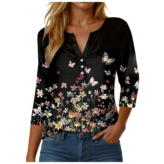 vigerkar Women's 2025 Fashion Tops 3/4 Length Sleeve Business Casual Blouses Summer Tees Shirts Black, XXL