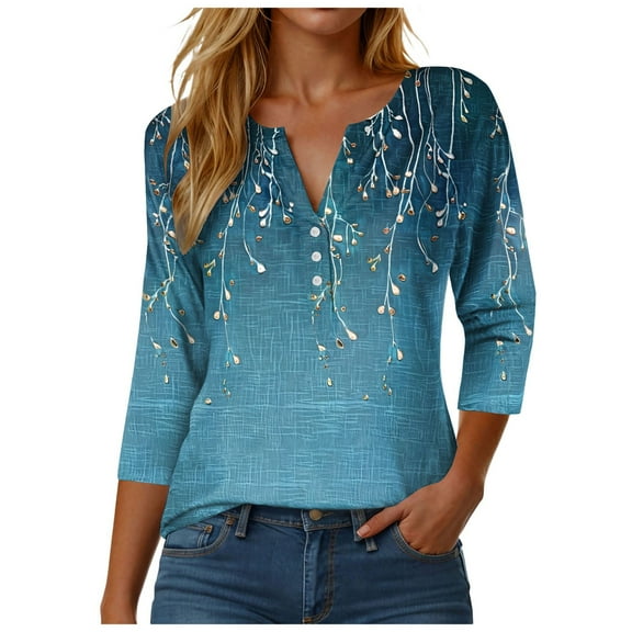 vigerkar Women's 2025 Fashion Tops 3/4 Length Sleeve Business Casual Blouses Summer Tees Shirts Blue, L