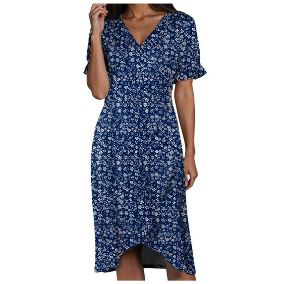 vigerkar Women's 2025 Summer Bohemian Floral Printed V Neck Beach Party Flowy Ruffle Midi Dress Dark Blue, XXL