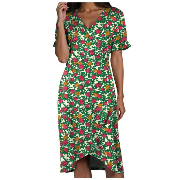 vigerkar Women's 2025 Summer Bohemian Floral Printed V Neck Beach Party Flowy Ruffle Midi Dress Dark Green, 3XL