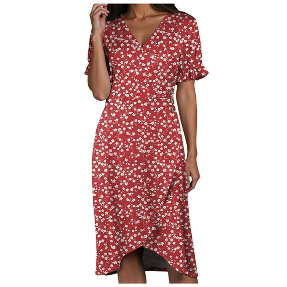vigerkar Women's 2025 Summer Bohemian Floral Printed V Neck Beach Party Flowy Ruffle Midi Dress Red, S