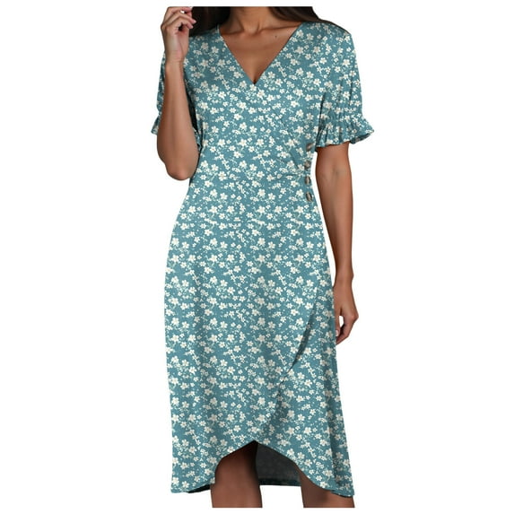 vigerkar Women's 2025 Summer Bohemian Floral Printed V Neck Beach Party Flowy Ruffle Midi Dress Sky Blue, XL