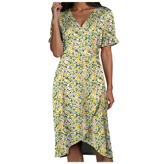 vigerkar Women's 2025 Summer Bohemian Floral Printed V Neck Beach Party Flowy Ruffle Midi Dress Yellow, L