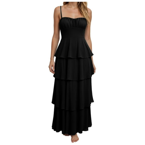 vigerkar Women's 2025 Summer Boho Sleeveless Midi Dress Scoop Neck Ruffle Tiered Layered Swing Long Beach Vacation Dresses Black, S