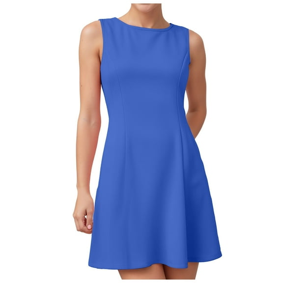 vigerkar Women's 2025 Summer Sleeveless Tank Mini Dresses Crew Neck A Line Flare Party Short Dress Blue, XL