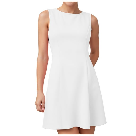 vigerkar Women's 2025 Summer Sleeveless Tank Mini Dresses Crew Neck A Line Flare Party Short Dress White, XL