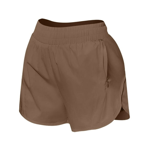 vigerkar Women's Athletic Shorts High Waisted Running Shorts Pocket Sporty Short Gym Elastic Workout Shorts Coffee, XL