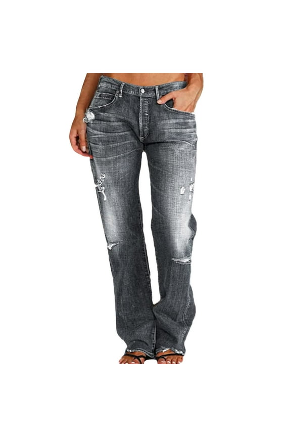Women's Baggy Wide Leg Jeans Ripped Causal Loose Fit Boyfriend Distressed Straight Leg Denim Pants Grey, L