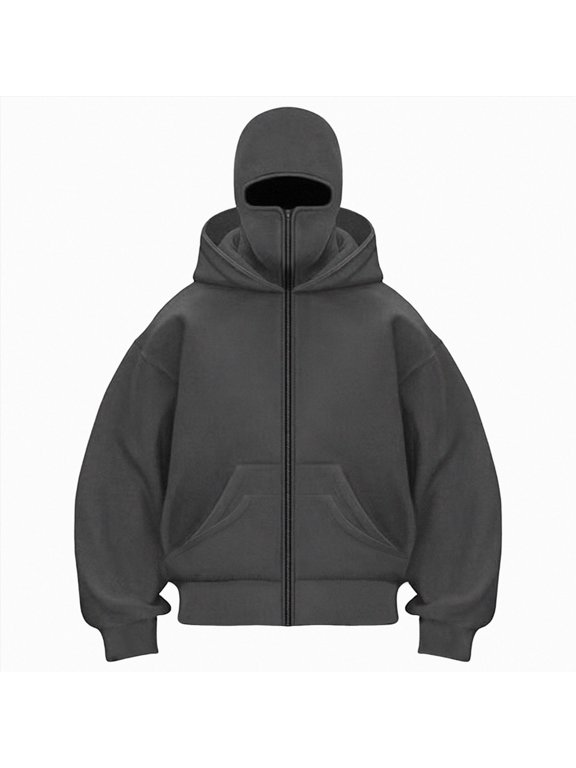 Women's Balaclava Hoodie Zip Up Built in Balaclava Double Hooded Sweatshirt with Wind Resistant Mask Oversized Warm Jacket (Dark Gray, L)