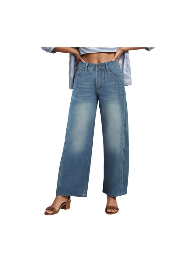 Women's Barrel Jeans Wide Leg Vintage Mid Rise Y2k Baggy Boyfriend Ankle Denim Pants Dark Blue, M