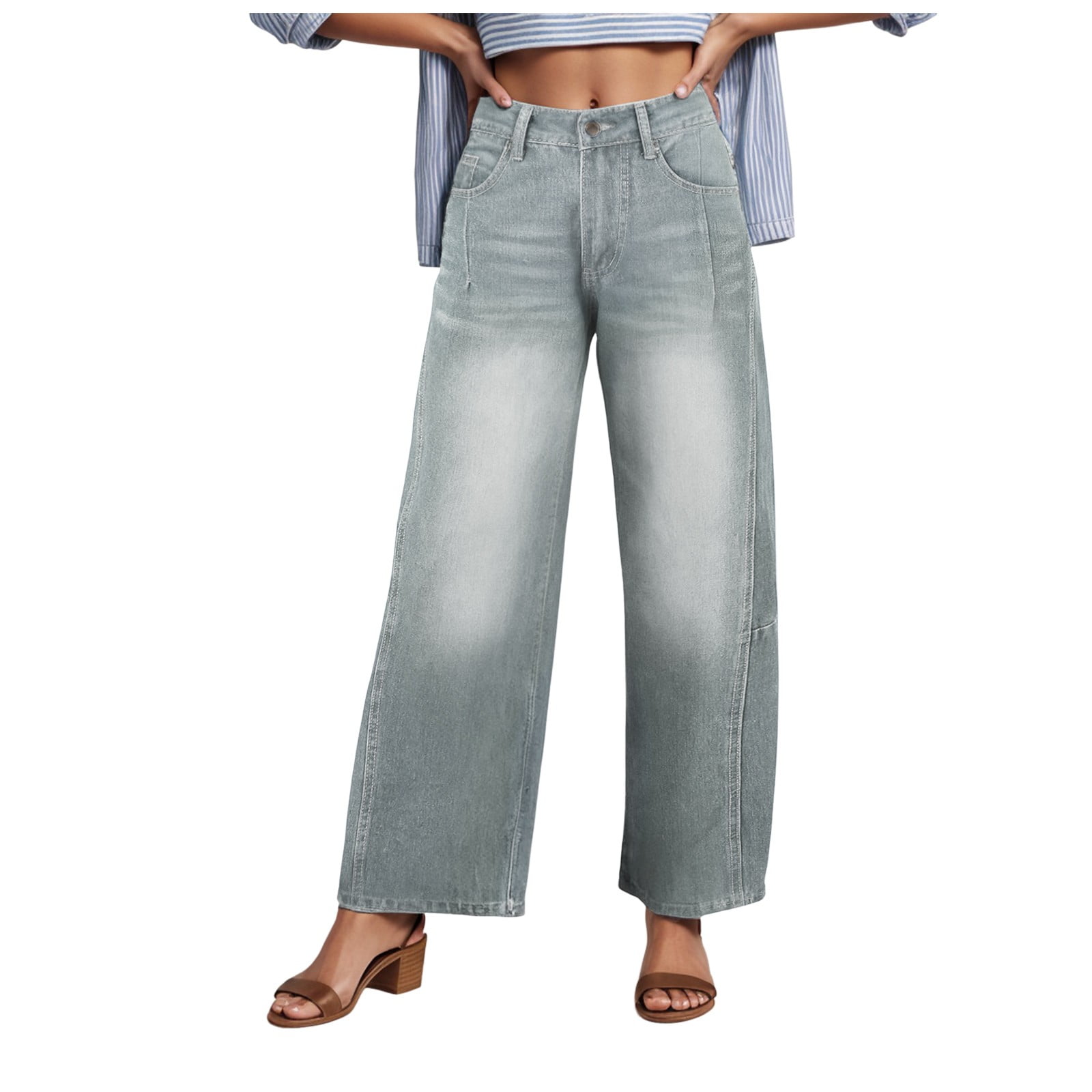 Women's Distressed Barrel Jeans - Wide Leg, Mid Rise, Boyfriend Fit, Ripped Denim Pants